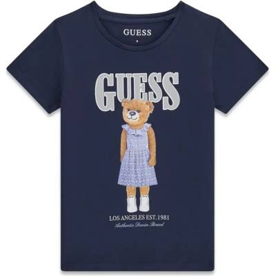 GUESS Тъмносиня тениска за момиче с цветно мече и сив надпис Guess