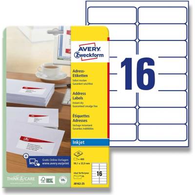 Avery Zweckform J8162-25 adresní etikety 99,1 x 33,9 mm 400 etiket inkjet bílá
