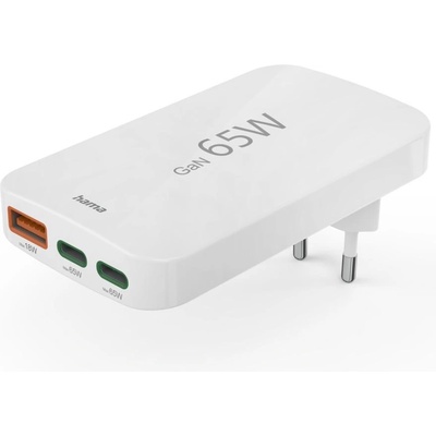 Hama Бързо мини зарядно, 65W, 2x USB-C, 1x USB-A, PD, плоско, бяло (HAMA-201976)