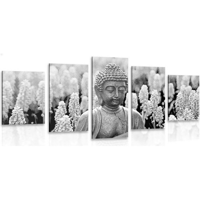 5-dílný obraz jin a jang Buddha v černobílém provedení - 100x50