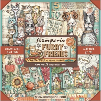 Stamperia Sada jednostranných papírů 20 × 20 cm Furry Friends (22ks)