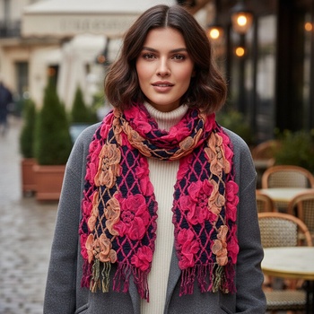 Дамски шал в черно с розови и оранжеви цветя