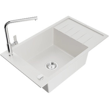 Mexen Elias Гранитна Кухненска Мивка с 1 Корито и Отцедник и Кухненски Смесител Flora, бял - 6511-20-670401-00 (6511-20-670401-00)