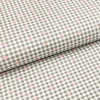 Bavlněné plátno P0483 šedo-bílé káro, růžové tečky a kytky, š.140