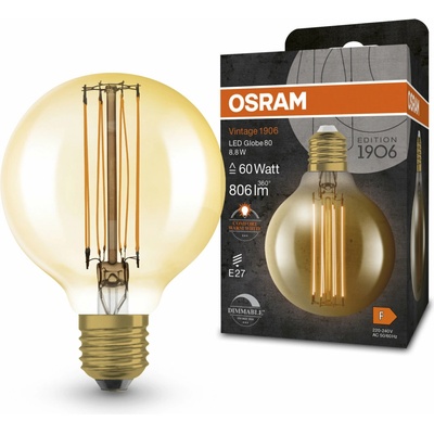 Osram okrúhla LED stmievateľná žiarovka E27 8,8 W VINTAGE, teplá biela 4099854090943