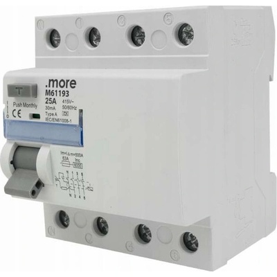 Proudový chránič TYP A 6kA 4P 25A 30mA 415V na DIN lištu Ecolight