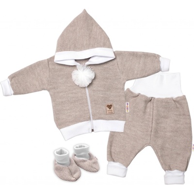 Baby Nellys 3-dielna súprava Hand made pletený kabátik kalhoty a topánočky béžová