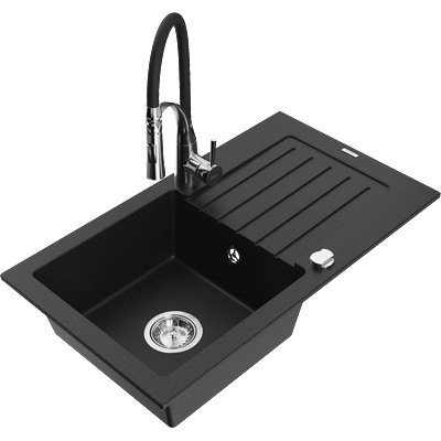 Mexen Pablo гранитна кухненска мивка с 1 корито с отцедник и кухненски смесител Aster, черен - 6510-77-73450-07 (6510-77-73450-07)