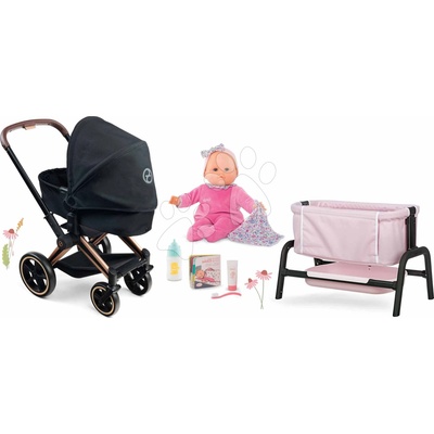 Corolle Set trojkombinácia s bábikou Eloise Cybex Black 3in1 Pram v postieľke s fľaškou