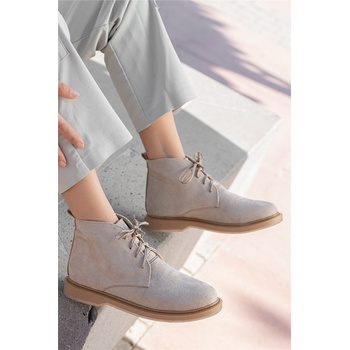 Moda Trend Дамски велурени боти с връзки - Светлобежови #363882 (363882_Бежов)