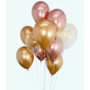 Globos Festival БАЛОНИ 15 БР. 12" - 30 СМ ХРОМ ЗЛАТО/РОЗОВО ЗЛАТО/ТОЧКИ + ЛЕНТА 15 М