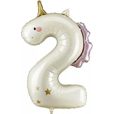 PartyDeco Balónek fóliový číslo 2 jednorožec 93 cm