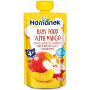 Hamanek Плодово бебешко пюре Hamanek - Пауч с ябълка и манго, 120 g (8595139780425) - baby