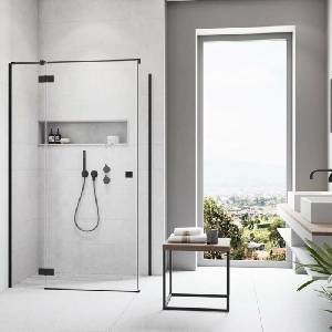 Radaway Правоъгълна душ кабина с люлееща се врата Radaway Essenza KDJ 100x110 см матово черно-прозрачно лява (1385040-54-01L+1384053-01-01)