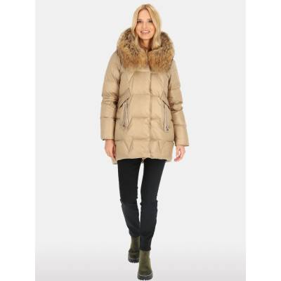 Perso Woman's Women's ¾ length real down jacket with natural raccoon fur beige color krémová