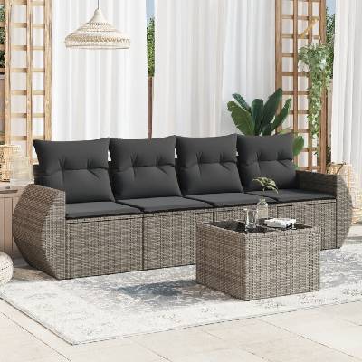vidaXL Градински комплект с възглавници, 5 части, сив полиратан (3253427)