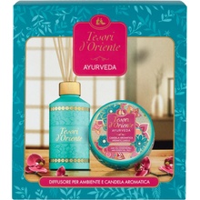 Tesori d Oriente Ayurveda aróma difuzér s tyčinkami na postupné uvoľňovanie vône 250 ml + vonná sviečka v plechovej krabičke 109 g, darčeková súprava pre ženy