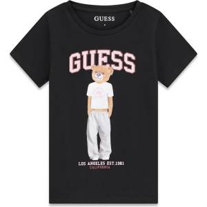 GUESS Черна тениска за момиче с цветно мече и розов надпис Guess