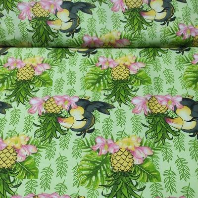 Bavlněná látka 100% bavlny, 125 g/m², šíře 160 cm, papoušek a ananas na zeleném