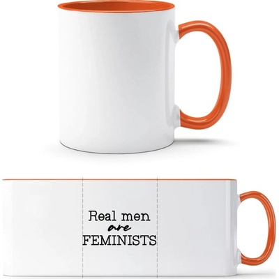 TTH Dvojfarebný Hrnček Skutoční muži sú FEMINISTI Biela Oranžová Standard Darčeky PrintEQ 250 ml