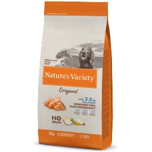Nature's Variety Nature`s variety original no grain medium/maxi salmon - Пълноценна, Натурална храна, БЕЗ ЗЪРНО, за пораснали кучета, над 1 година, от средни и едри породи, със сьомга и плодове - САЩ - 12 кг 927148