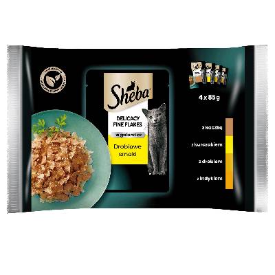 SHEBA Delicacy Fine Flakes Poultry Flavors sáčky 4x85 g – kompletné vlhké krmivo pre dospelé mačky