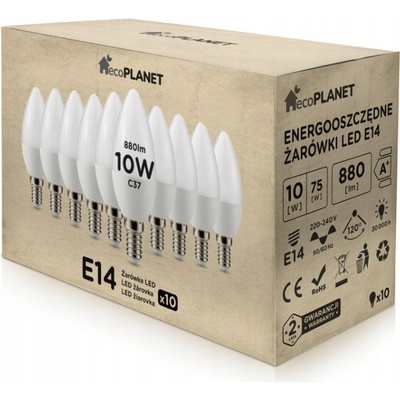 ecoPLANET 10x LED žiarovka E14 10W sviečka 880Lm neutrálna biela