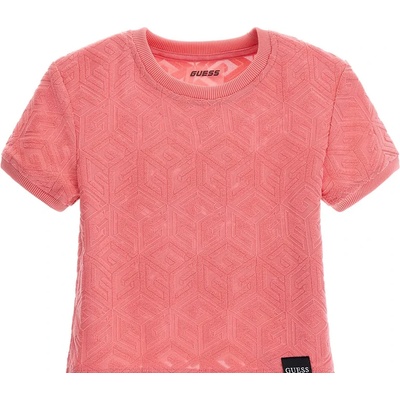 GUESS Къса тениска за момиче в коралово с релефни лога Guess