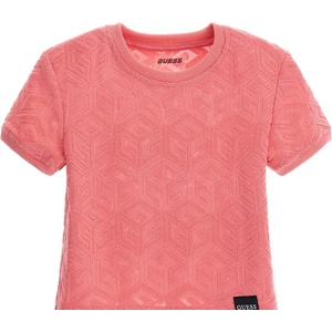 GUESS Къса тениска за момиче в коралово с релефни лога Guess
