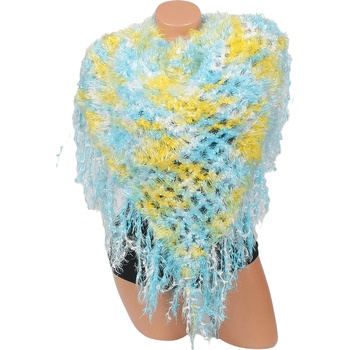 Image 1 of Плетен триъгълен шал в синьо, жълто и бяло