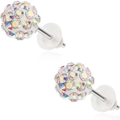Šperky eshop ocelové náušnice Shamballa bílé kuličky zirkonky s duhovým leskem SP41.01