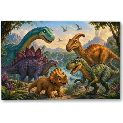 Plakát – Dinosauří kamarádi v zelené krajině 135 × 90 cm Bez rámu Ne Bez rámu