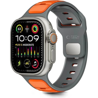 Силиконова Каишка за Apple Watch 44/ 45/ 46/ 49mm, Tech-Protect Iconband Line, Сив/Оранжев (5906302333431)