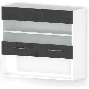 Голд - Аполо Горен кухненски шкаф 2 витрини с рафт и ниша Алис g58 80 см антрацит гланц