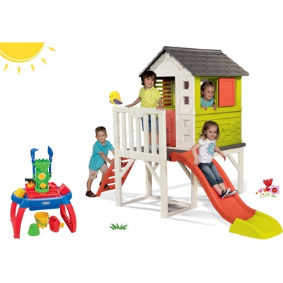 Smoby Set detský domček na pilieroch Pilings House s 1,5 m šmykľavkou+pieskovisko stolík na vodu a piesok SM810800-30