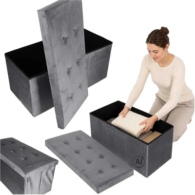 KIK Skládací velurový taburet s úložným prostorem pod sedákem 76 x 38 x 38 cm, šedý KX2716