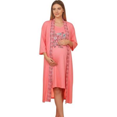 Комплект за кърмачки нощница и халат в цвят розов корал