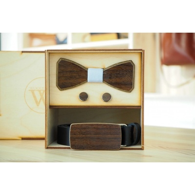 Wood Style Set Hranatý Ořech opasek motýlek a manžetové knoflíčky Modrá se vzorem