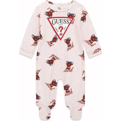 Guess Бледо розов ромпър за новородено момиче покрит с цветни мечета и червено лого Guess