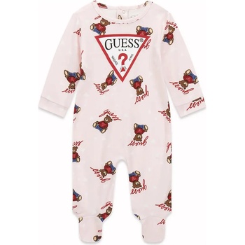 Guess Бледо розов ромпър за новородено момиче покрит с цветни мечета и червено лого Guess
