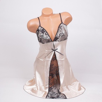 Сатенена нощница в цвят шампанско с черна дантела