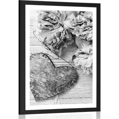 Plakát s paspartou pivoňky a březová srdíčka v černobílém provedení - 40x60 white