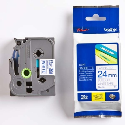 Páska do štítkovače Brother TZE-253, 24mm, modrý tisk/bílý podklad, originál