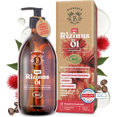BIONOBLE Castor Oil Cold Pressed Organic - 100% Natural, Without Hexane - Promotes Growth, Repairs - Castor Oil Organic Hair, Eyelashes, Eyebrows, Skin - Castor Oil - Glass Bottle with Pump - 500ml - France