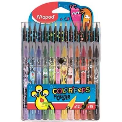 Maped Комплект химикалка и цветен молив, MAPED "ColorPeps Monster" 12+15 различни цвята 984718 (984718)