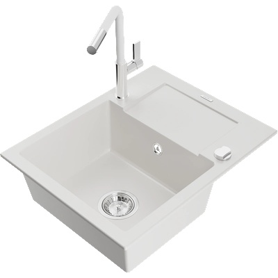 Mexen Enzo гранитна мивка с 1 отделение, с отцедник и кухненски смесител Flora, бял - 6506-20-670401-02 (6506-20-670401-02)