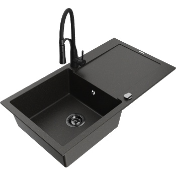 Mexen Leo гранитна мивка с 1 корито и отцедник и кухненски смесител Aster, черен/златен металик - 6501-75-73450-70-B (6501-75-73450-70-B)