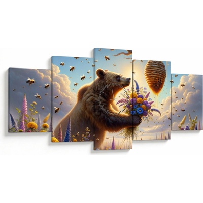 Obraz - Medveď a včielky (s hodinami), päťdielne 150x80 cm s hodinami
