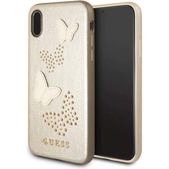 GUESS Studs and Sparlkes Butterfies Leather Hard Case - дизайнерски кожен кейс за iPhone XS, iPhone X (златист)