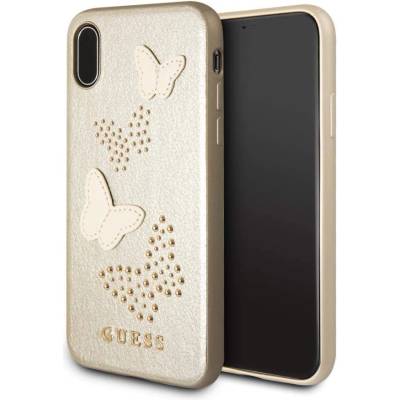 GUESS Studs and Sparlkes Butterfies Leather Hard Case - дизайнерски кожен кейс за iPhone XS, iPhone X (златист)